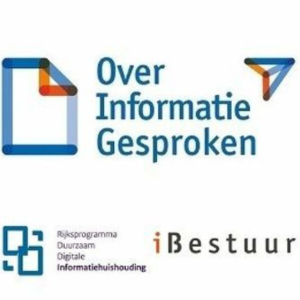 afbeelding met de naam Over informatie gesproken en de logo's van de Rijksprogramma  Duurzaam Digitale Informatiehuishouding en van het iBestuur.